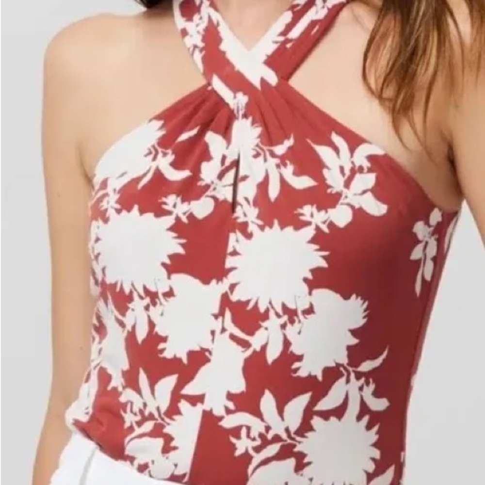 White House Black Market Floral Halter Top - Red and White